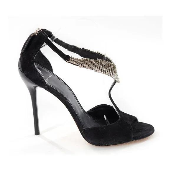 B BRIAN ATWOOD BFLORETO Suede Crystal Embellished Sandals T-Strap Black - Picture 5 of 14